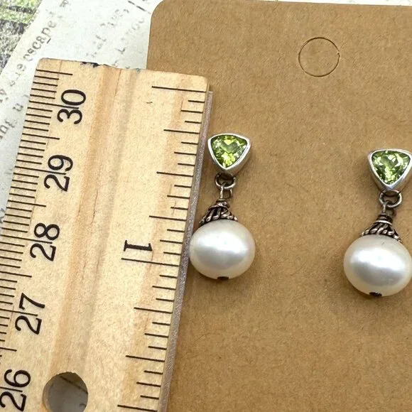 Sterling Silver Green Peridot White Pearl Drop Earrings 925 Pierced Posts - Picture 4 of 9